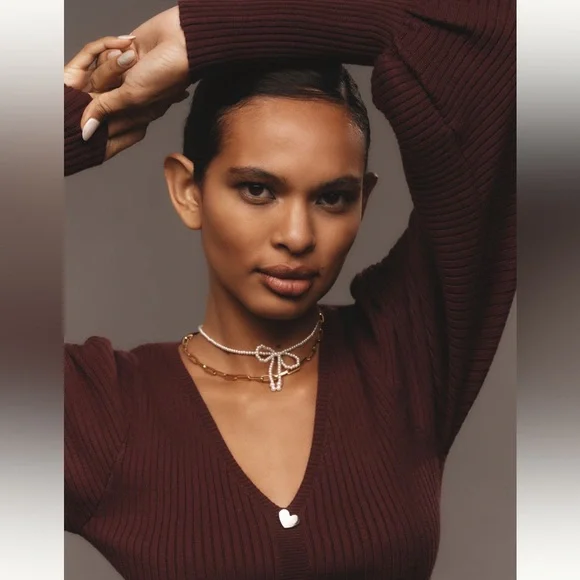 Anthropologie Faux Heart Buttons Ribbed Pullover Sweater - Picture 4 of 5